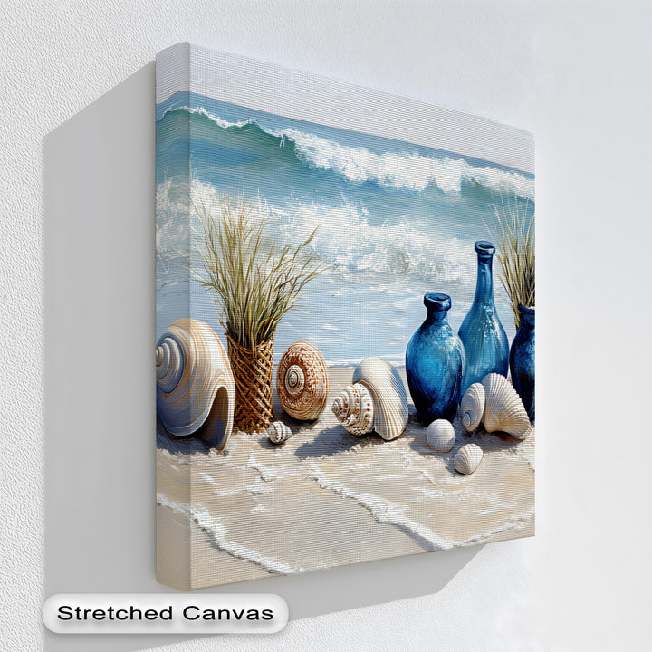 Coastal Calm – Seashells and Blue Vases Beach Scene Canvas Print
