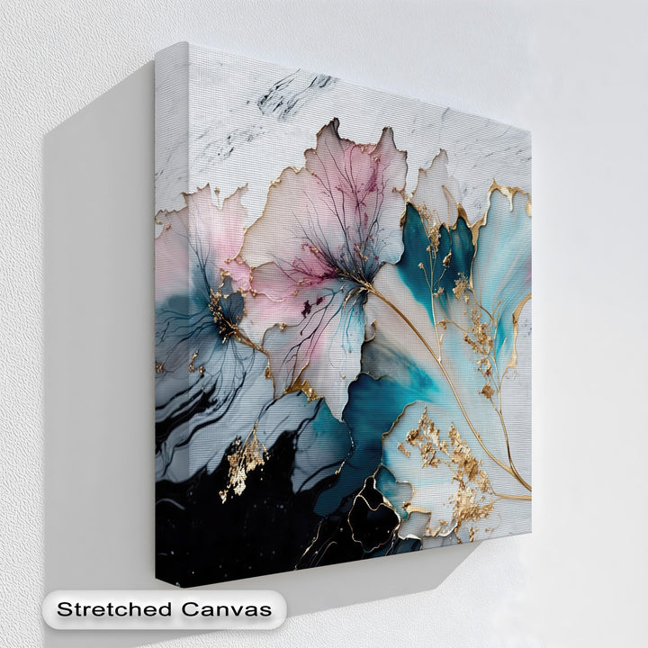 The white, subtly textured wall behind showcases this luxury abstract flower pastel floral premium canvas decor beautifully.