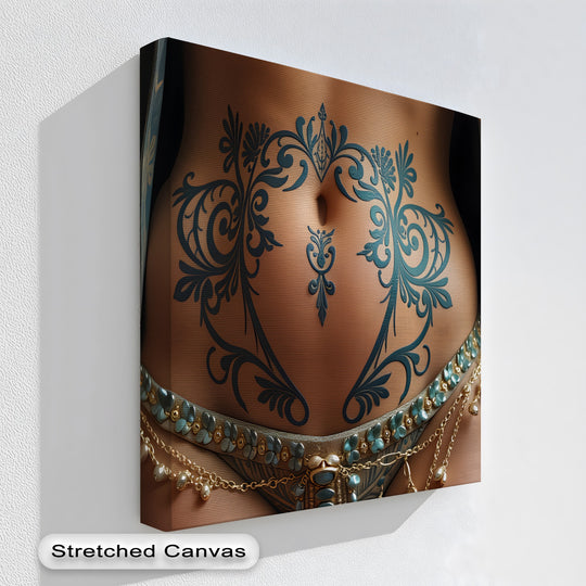 Brightest skin highlights ornate tattoo details on this erotic 'Ornate Desire' high quality canvas prints, complemented by a jeweled belt accenting the sensual artwork.