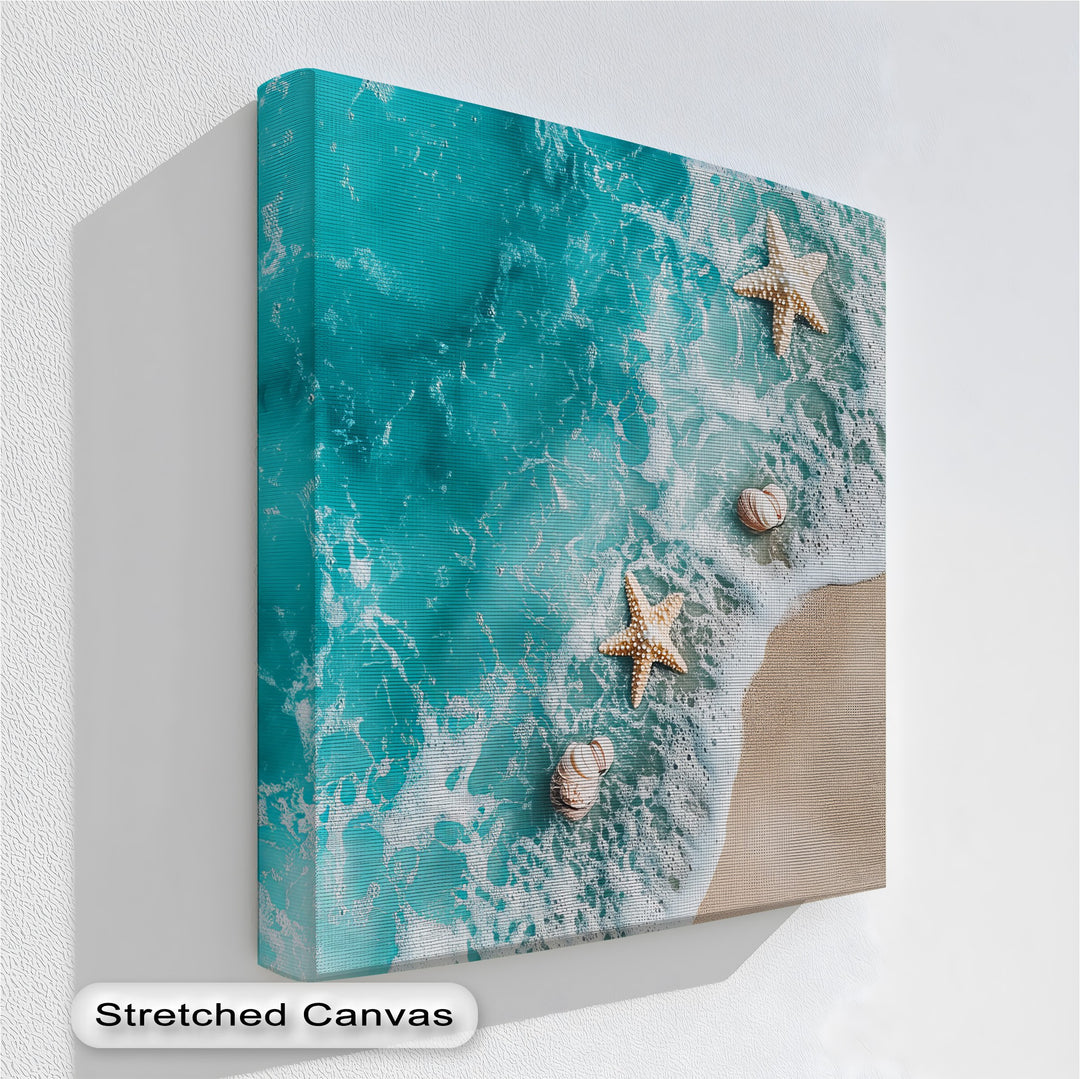 Bring the ocean to your home with this coastal beach canvas wall art featuring foamy turquoise waves, starfish, and seashells—perfect for relaxing, nautical interiors.

