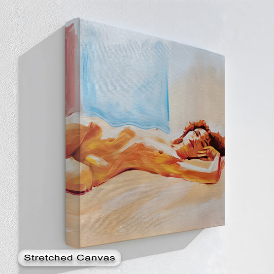 Bold colors of the painted reverie enhance the focal point of this large framed canvas painting featuring abstract nude wall art in a contemporary canvas painting.