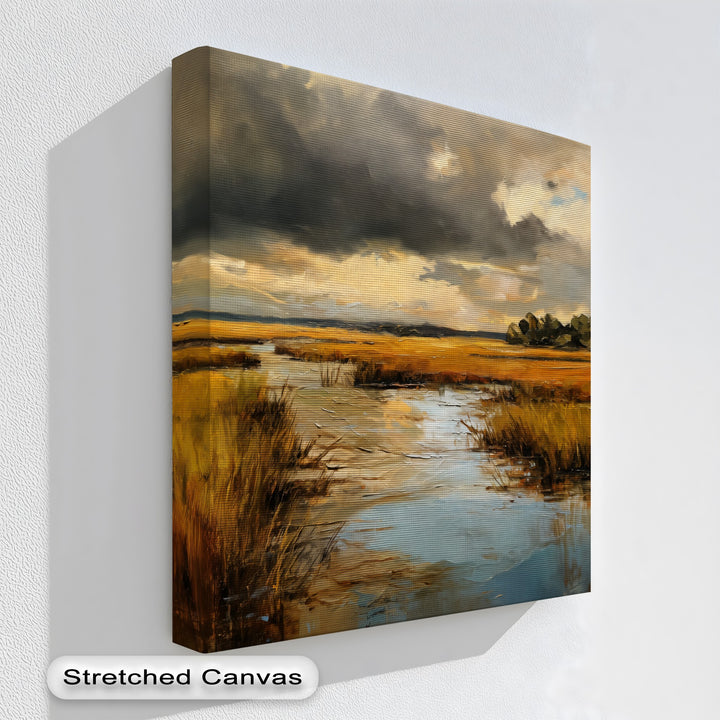 Visual rhythm in the golden marsh storm landscape canvas print is created by the repetition of reeds and reflective water offering captivating canvas art prints.