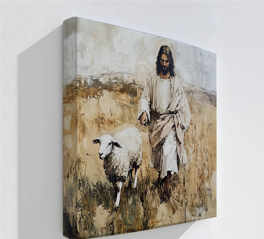 Foreground details highlight the brushstrokes in this 'The Shepherd's Walk' canvas print, enhancing the artistic texture of this canvas wall decor featuring Jesus and a lamb.
