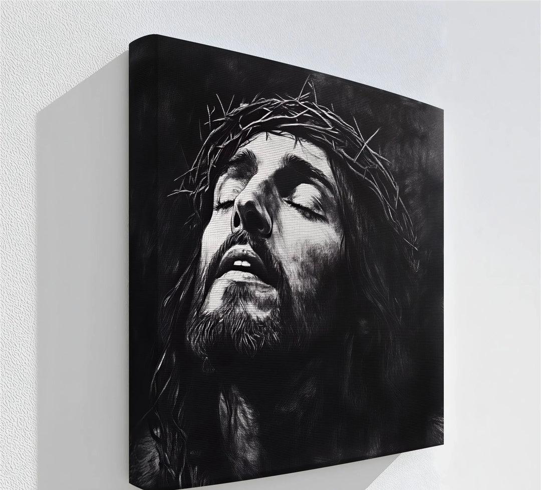 Emotive Jesus crown of thorns canvas print in bold black and white.


