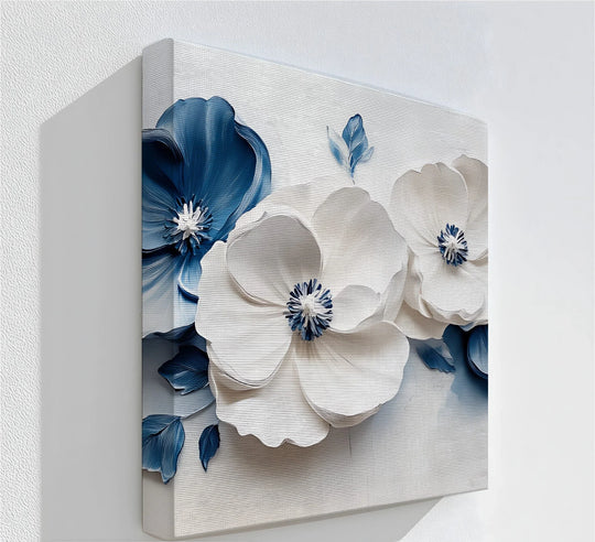 Serenity in Blue – modern blue and white flower canvas wall art.

