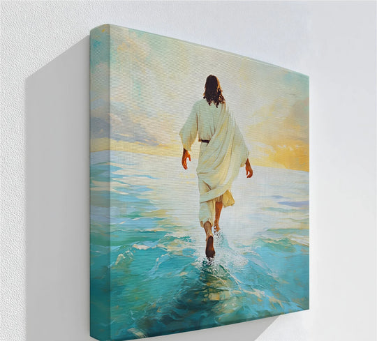 White negative space surrounds this 'Faith in Motion - Jesus Walking on Water' framed canvas art print, accentuating the figure and the sea beneath.