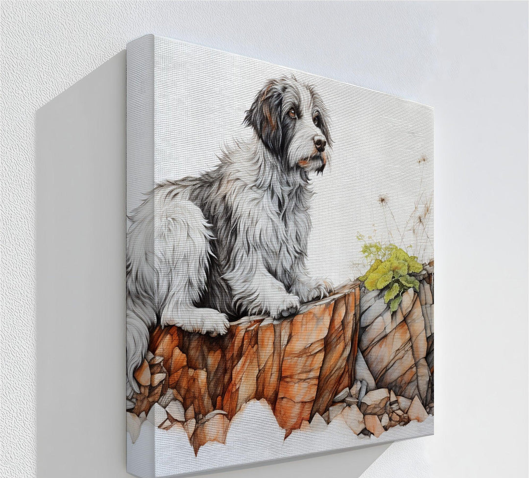 Cliffside Watch – Shaggy Dog on Rocky Ledge Pencil Art Canvas Print - MyPhotoStation