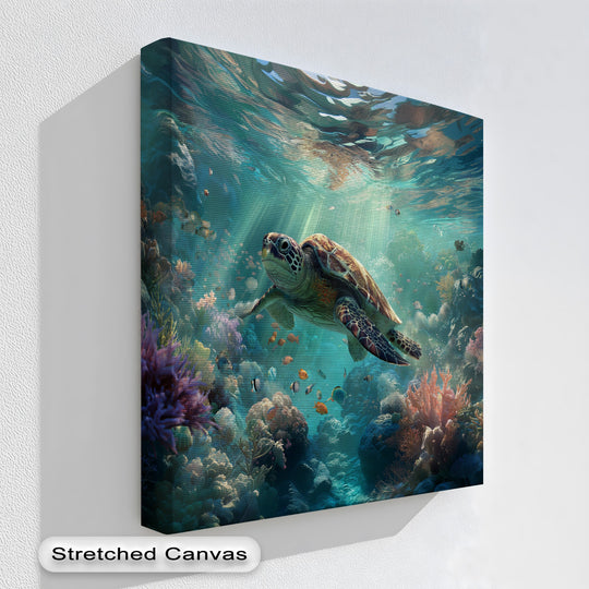 The cool color temperature of this underwater sea turtle canvas wall decor highlights the vibrant turquoise ocean reef with radiant sunlight.