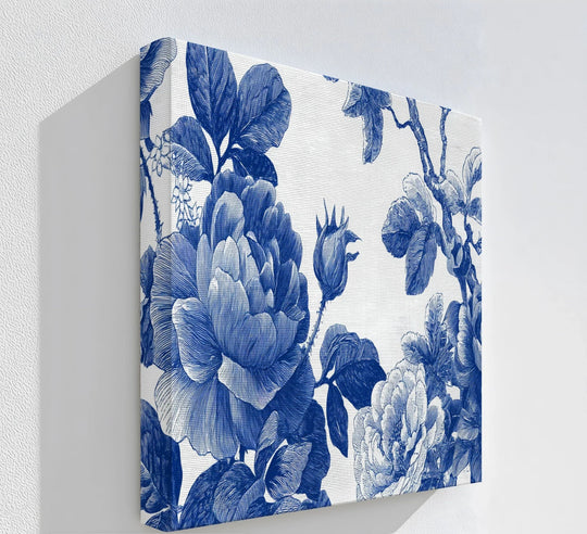 Textured botanical blue rose garden canvas print shows a vintage floral design with a fine weave pattern perfect for hanging canvas art.