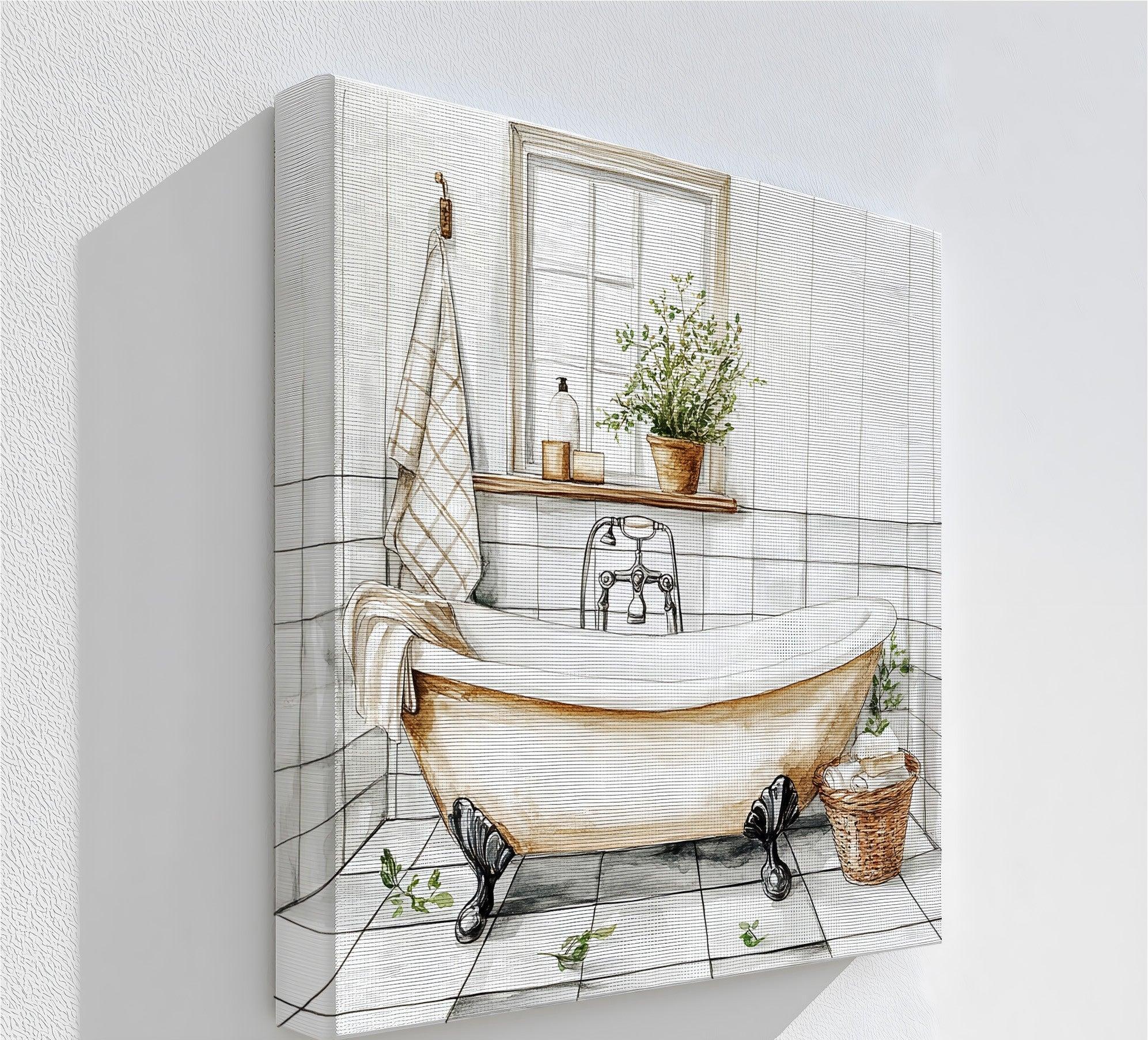 Enhance your farmhouse bathroom with this vintage clawfoot tub canvas print, offering a calm and rustic aesthetic perfect for neutral and cottage-style interiors.

