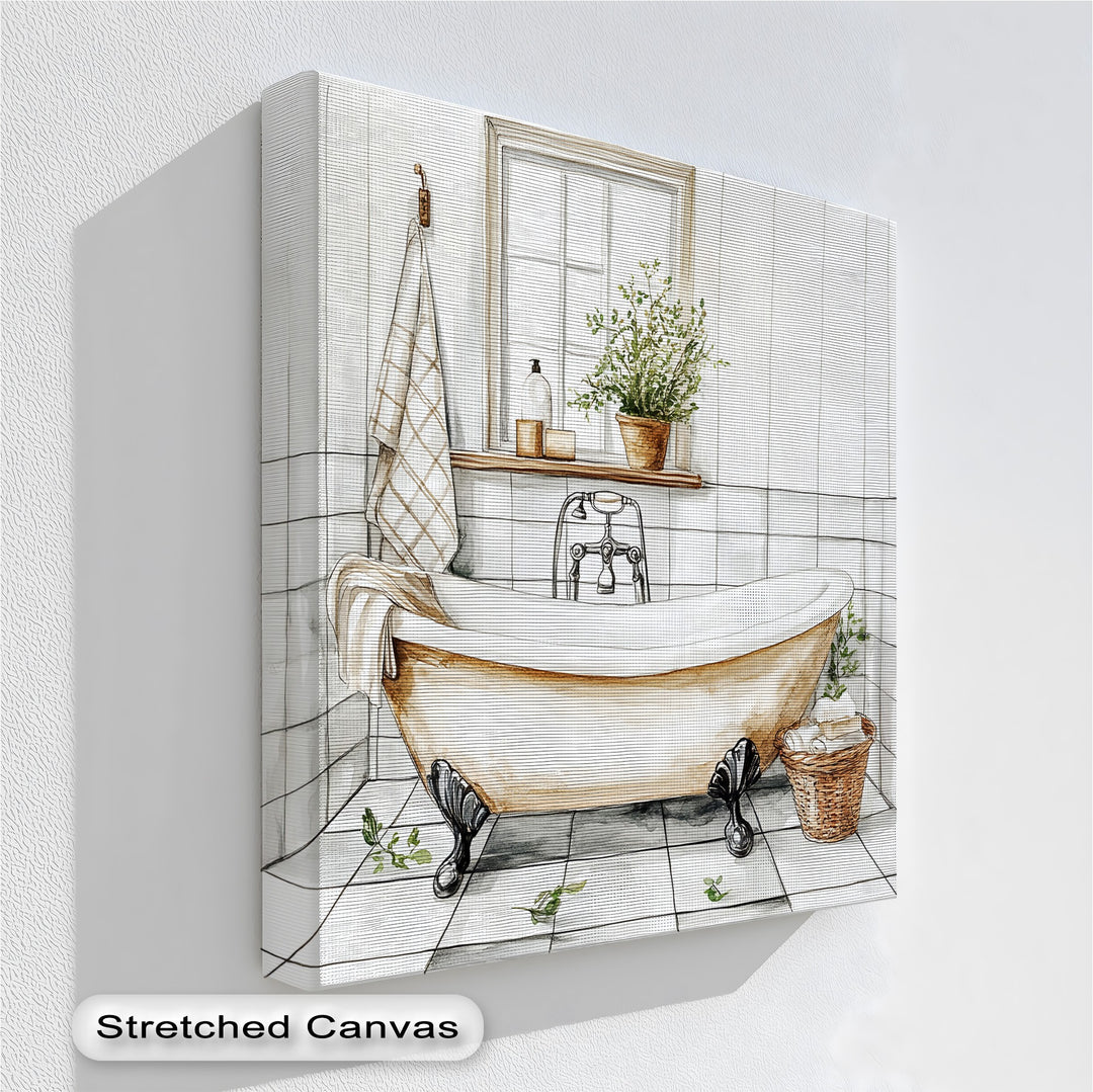 Enhance your farmhouse bathroom with this vintage clawfoot tub canvas print, offering a calm and rustic aesthetic perfect for neutral and cottage-style interiors.


