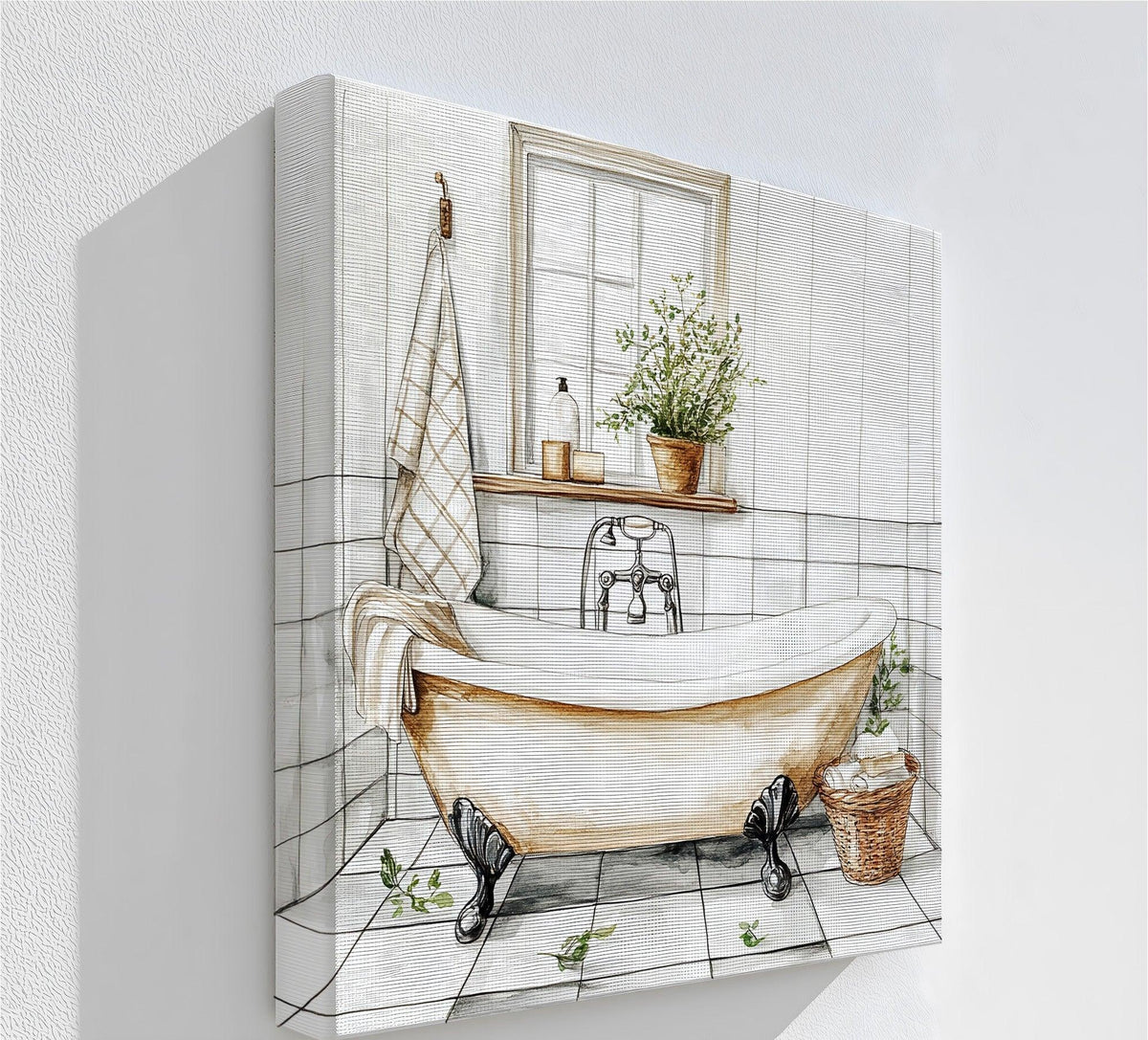 Printed with a textured finish, this canvas pictures print showcases a white clawfoot bathtub against a backdrop of white tile and rustic accents.