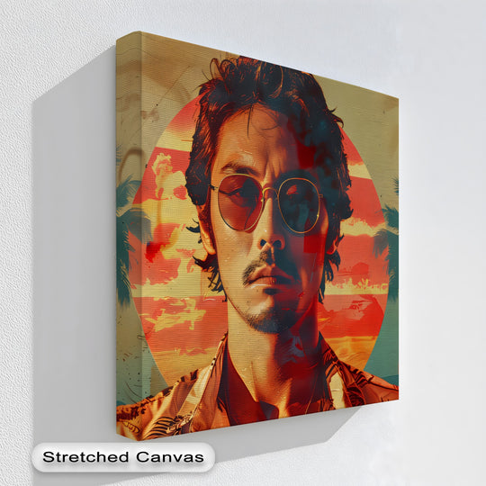 Envision the organic forms of palm fronds and a setting sun in this portrait, a premium canvas decor print with retro tropical vibes.