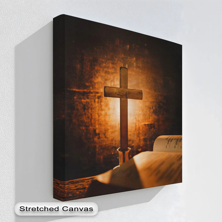 Sacred Glow – Cross and Bible in Candlelight Canvas Print