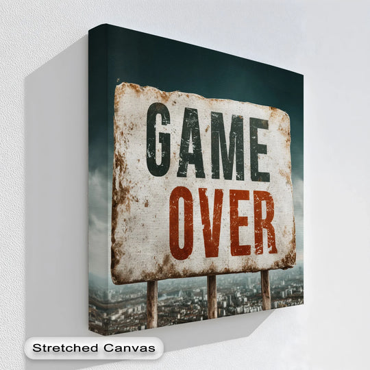 Vibrant color contrast highlights the 'Game Over' typography in this grunge urban high quality canvas prints, creating a striking focal point.