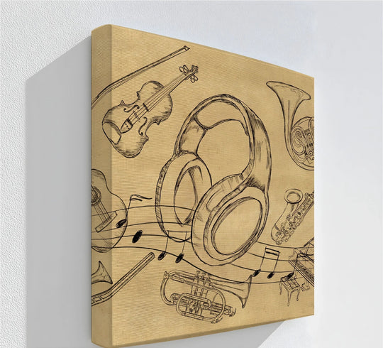 Illuminated canvas draws attention to a symphony of sound with vintage musical instruments creating a unique canvas print.