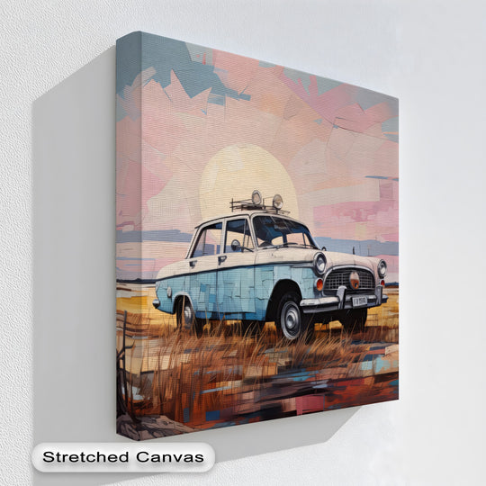 Depth and layers create a striking canvas wall decor showcasing a vintage car set against a sunset sky, the scene rendered with a rich texture.
