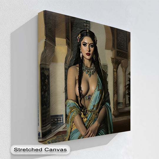 A regal sapphire sultaness is the central subject of this exotic canvas wall art, a stunning framed canvas print showcasing luxurious palace décor.