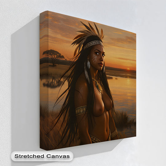 Captured in the focal point, this 'Savannah Muse' canvas wall art showcases a unique canvas print of a woman amidst a tribal-inspired sunset scene.
