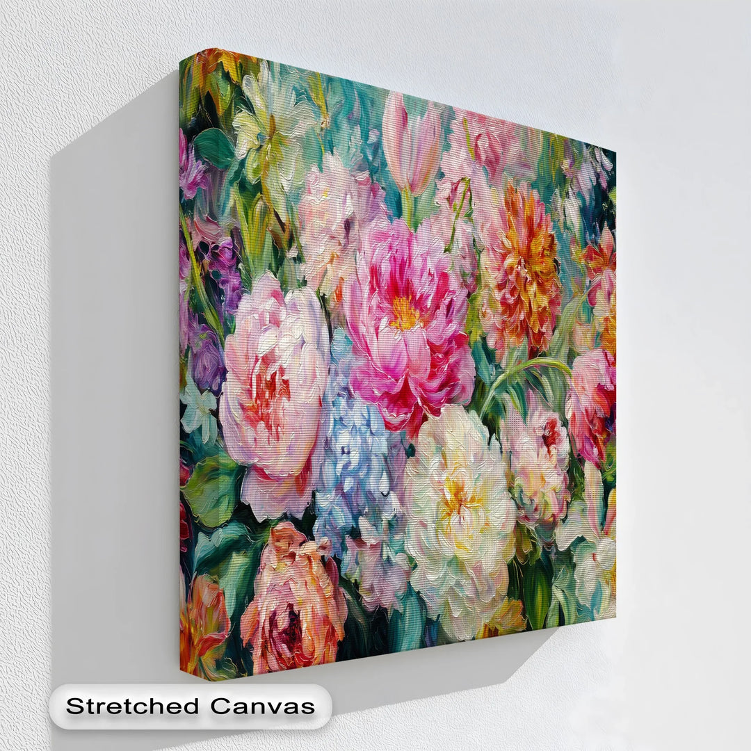 Colorful floral canvas print with vibrant peonies dahlias and tulips

