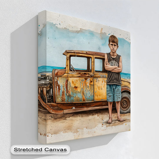 Horizontal strokes of the beach backdrop create a weathered canvas wall decor look, complementing the vintage car print in this rustic composition.