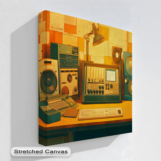 Brightest area highlights the retro audio engineering gear and keyboards in this studio lab vibes hanging canvas print, a vintage music producer's dream.