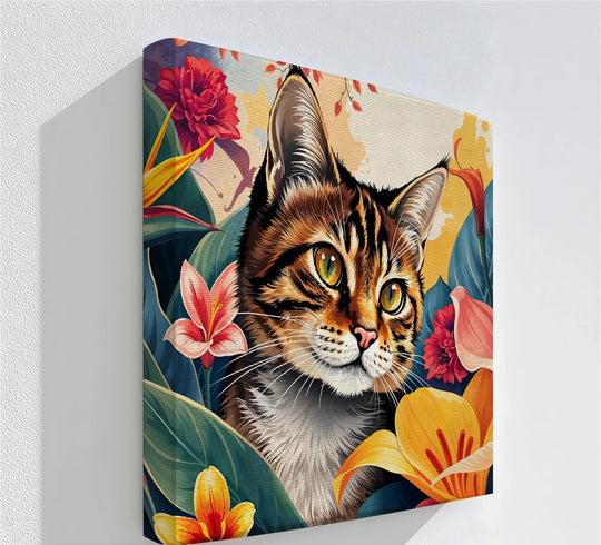 Square, horizontal big canvas prints showcase a tabby cat amidst tropical flowers, perfect for adding a colorful feline accent to any room.