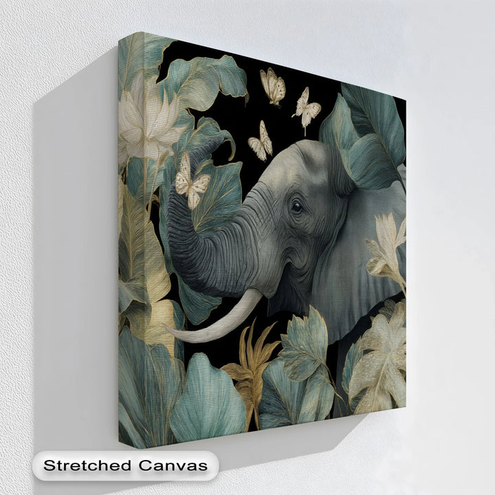 Graceful elephant and butterflies canvas print with jungle foliage

