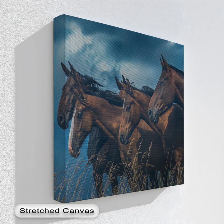 Herd of Brown Horses Under Moody Sky - Horse Canvas Print