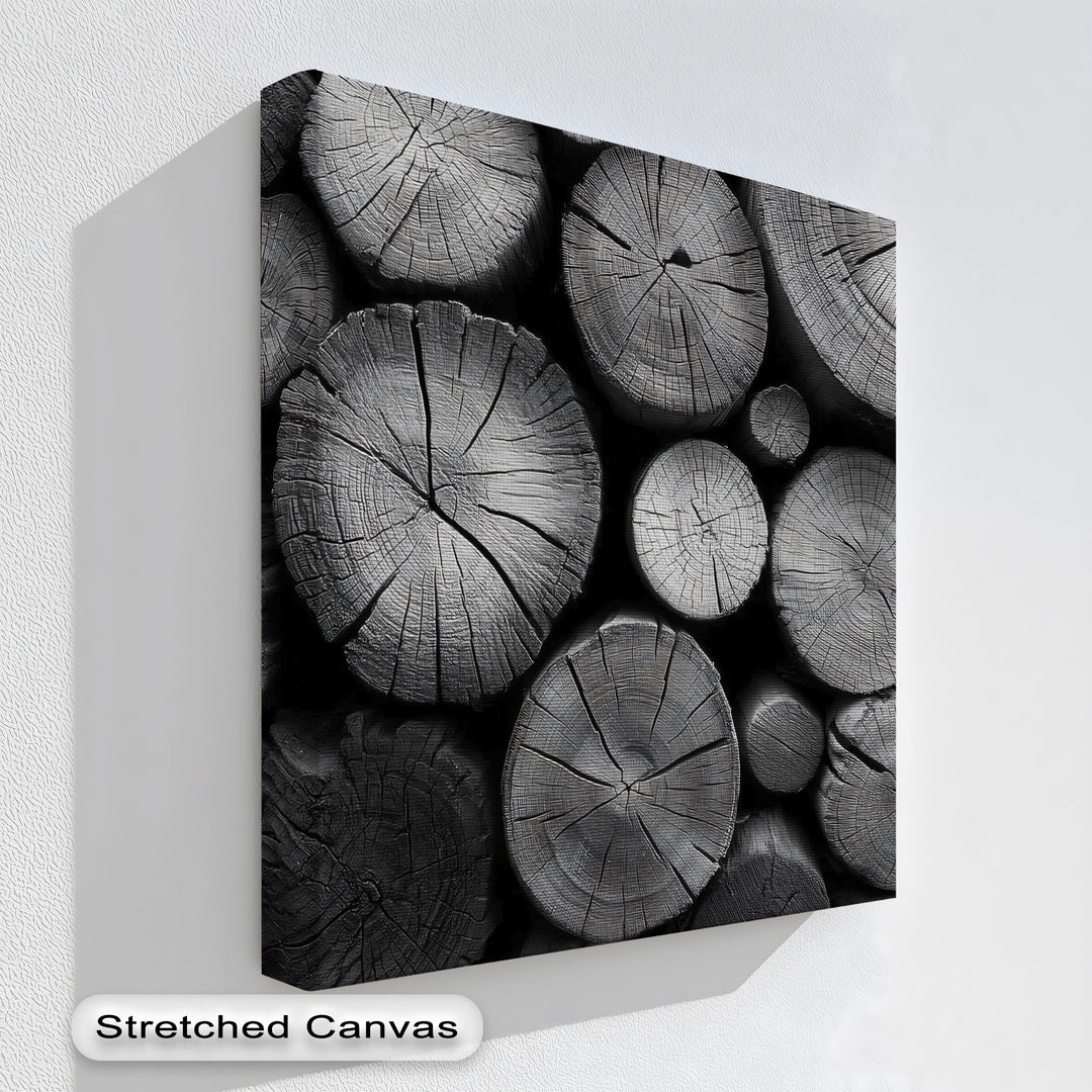 Vertical stacked wood log texture hanging canvas features a rustic and modern aesthetic through its round shapes.