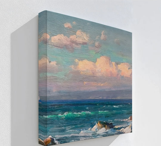 Brightest clouds illuminate the canvas painting of a romantic coastal scene, creating a twilight over the sea canvas print.