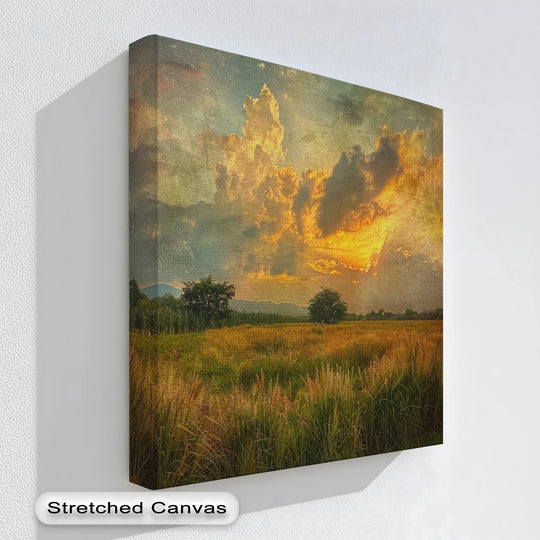 Showcasing the edge and borders of this rustic sunset field landscape canvas print, highlighting the texture and dimension of these high quality canvas prints.
