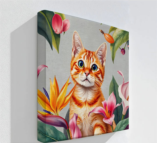 Vibrant orange tabby cat, the loudest element, peers out from a garden of exotic blooms in this captivating tropical curiosity canvas wall art.