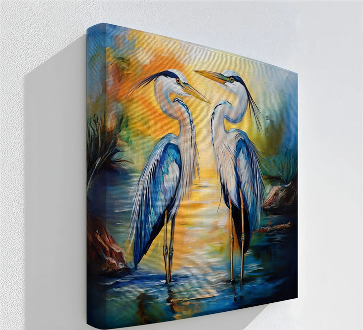 Twin Grace – Elegant Blue Herons at Sunset Canvas Wall Art - MyPhotoStation