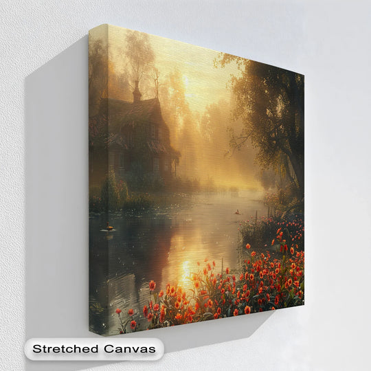 With high color saturation, the landscape canvas print, 'Golden Morning by the River', showcases big canvas prints reflecting the sunrise amongst cottage and blooming flowers.