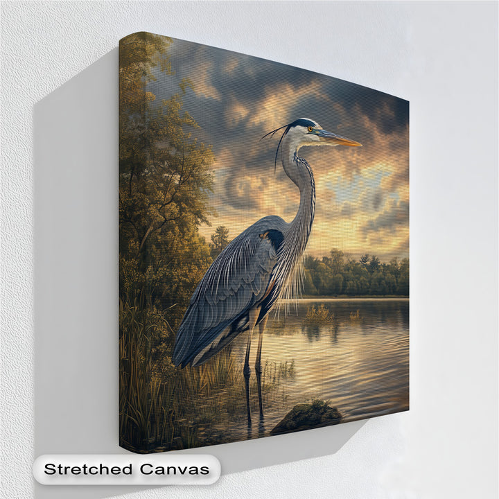 Twilight Sentinel – majestic heron canvas print with moody sunset skies.

