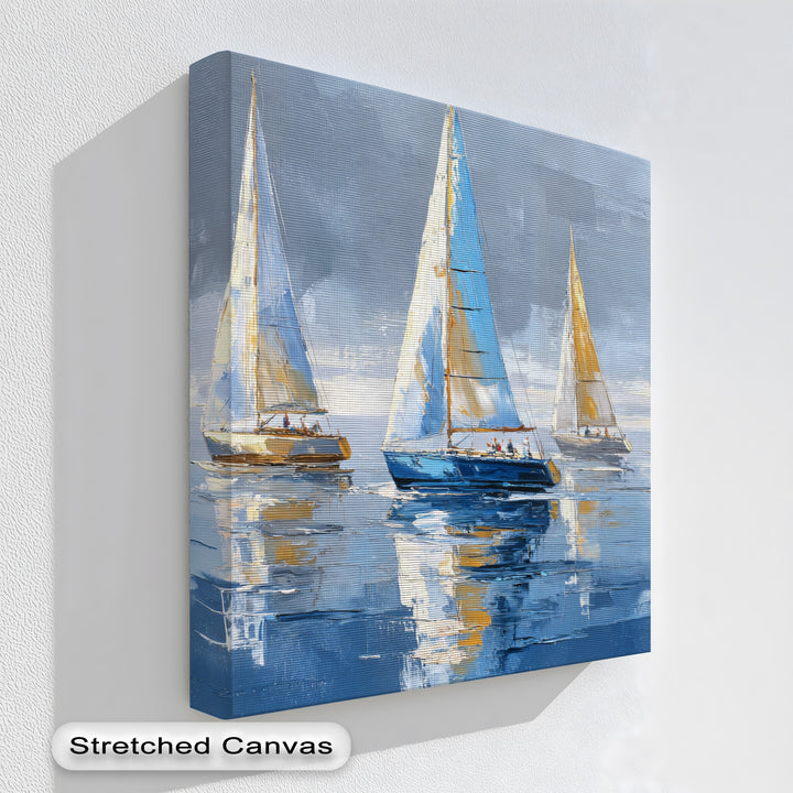 Elegant central sailboats showcase serene reflections on a premium canvas decor, offering a coastal sailboat wall art scene with nautical charm.