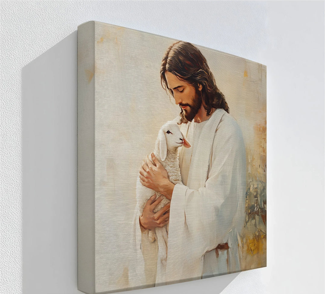 Peaceful Jesus with lamb canvas print – symbol of divine love.

