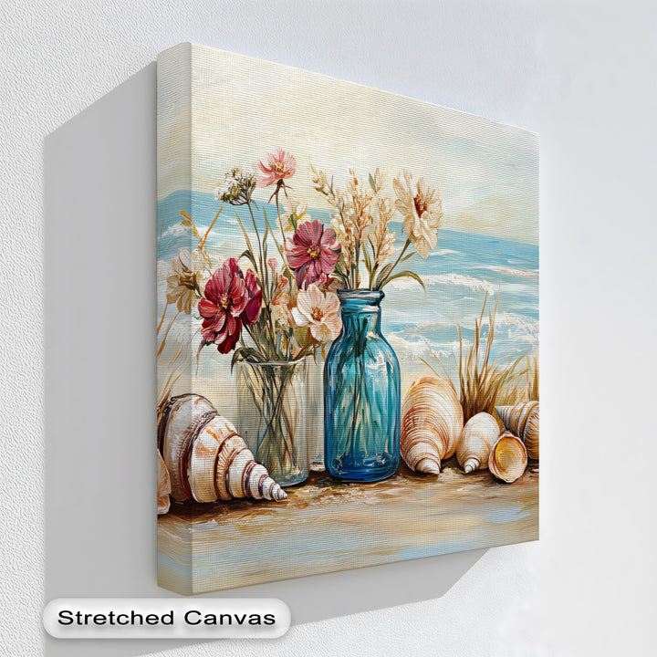 Seaside Serenity – Floral and Seashell Still Life Canvas Print