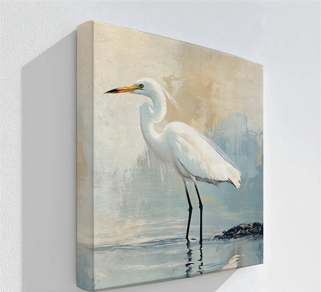 Graceful Silence – white heron canvas print for serene wall decor.


