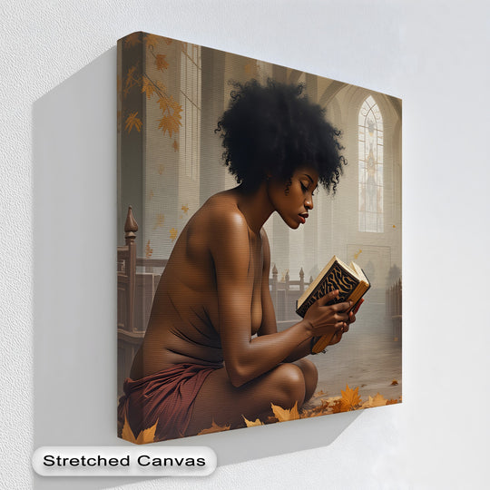 Horizontal sacred silence canvas painting displays a large, framed artwork featuring an erotic print with warm autumn tones.