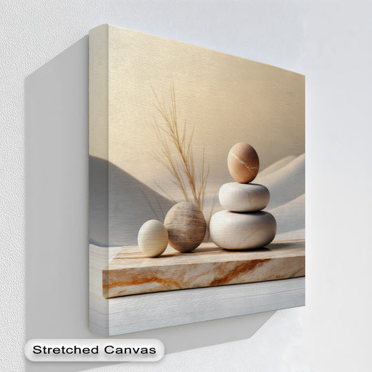 Muted color saturation highlights serene zen stone balance, featuring soft warm tones on this captivating canvas wall decor minimalist art.