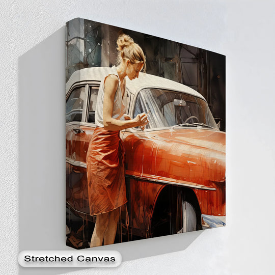 Horizontal rectangular big canvas prints showcases 'Timeless Connection - Retro Woman with Classic Car Canvas Print' art piece.