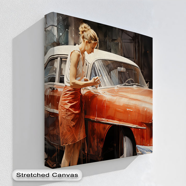 Timeless Connection – Retro Woman with Classic Car Canvas Print
