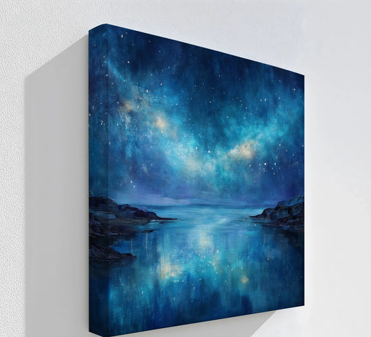 Celestial coastline features dreamy galaxy sky reflected in still water in this stunning canvas art print.