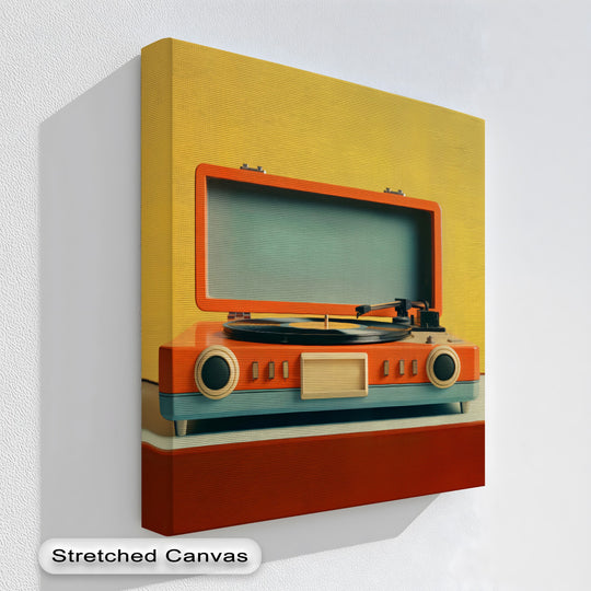 Vibrant color saturation defines this high quality canvas prints showcasing a retro record player, blending sunset hues with bold orange and teal tones.