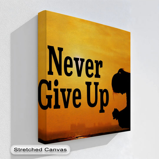 Stretched canvas ensures vibrant color and crisp detail in these big canvas prints, showcasing the inspirational 'Never Give Up' silhouette art.