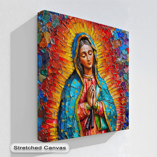 Vibrant warm colors illuminate this high quality canvas prints of Our Lady of Guadalupe, a colorful mosaic religious wall art piece.