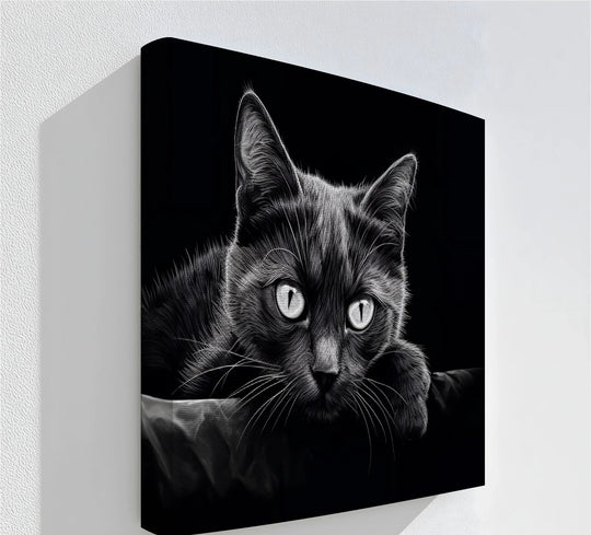 Dark, solid background contrasts with the monochrome Midnight Gaze black cat, highlighting the high quality canvas prints details in this artful piece.
