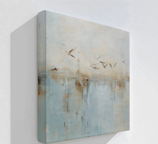 Gallery-wrapped canvas art highlights the horizontal lines and subtle texture of this abstract birds print for a contemporary finish.